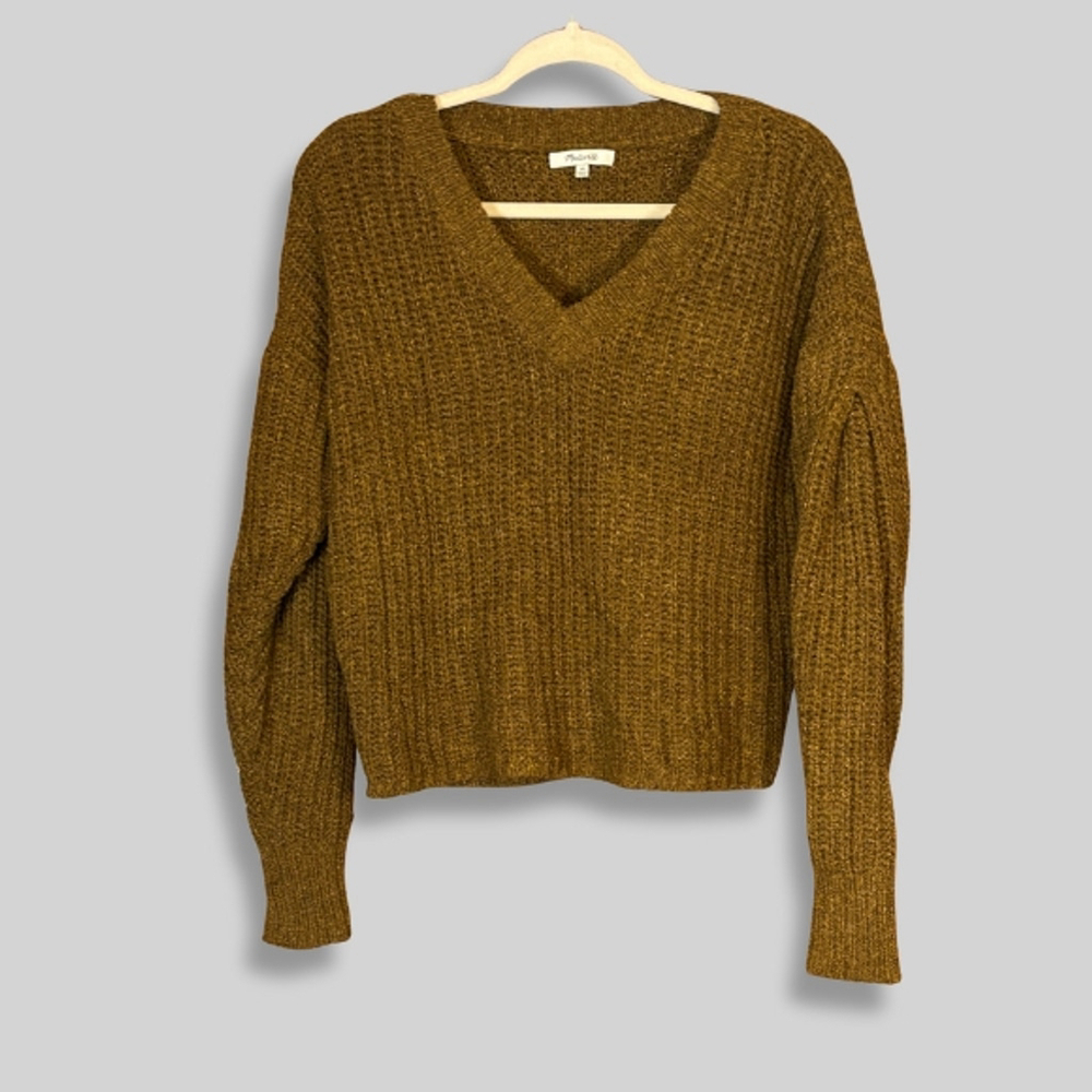 Madewell Pullover Sweater Waffle Knit Thornton Balloon Sleeve Olive Green W XS